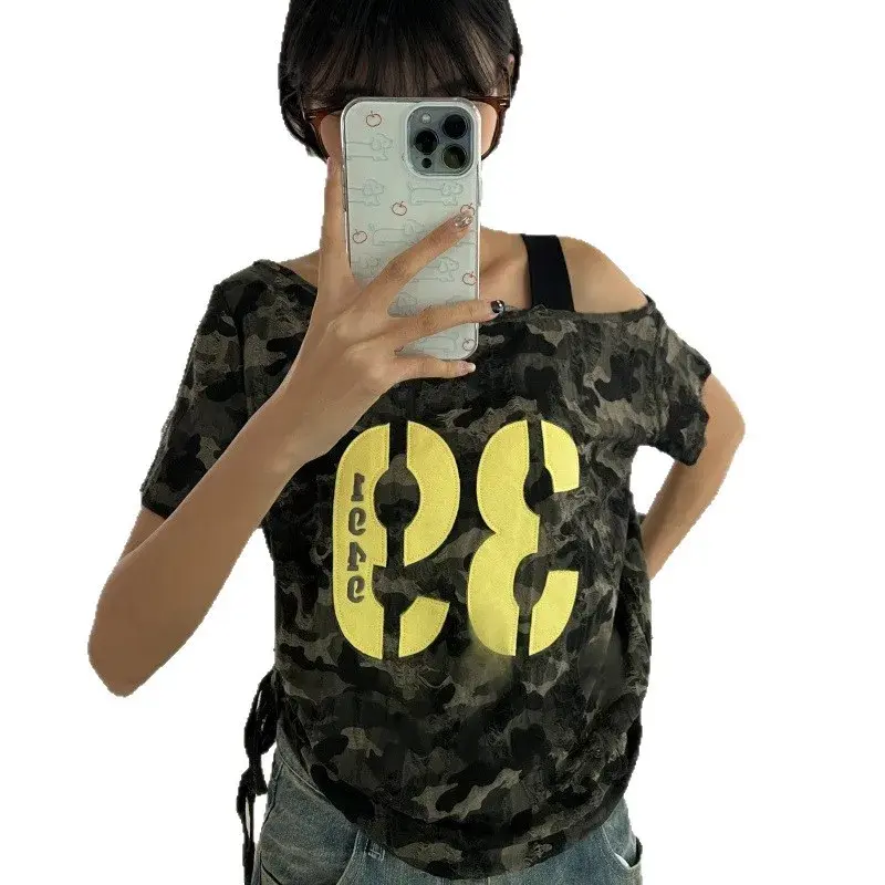 Loose Short Sleeve Camouflage T-Shirt Women's American Style 2025 Retro Design Sexy Girl T-Shirt Polyester Fiber Casual Slimming