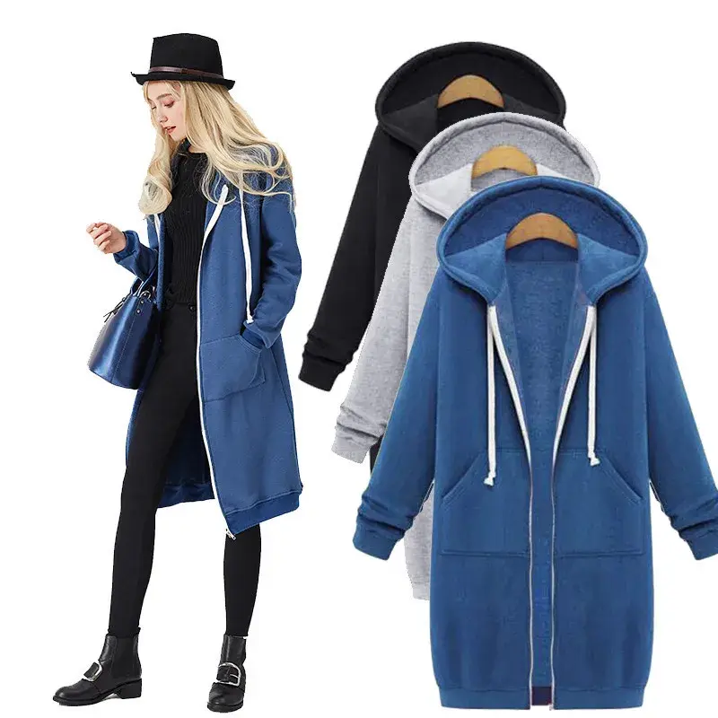 Autumn/Winter Women's Hooded Long Sleeve Medium-Length Sweatshirt Fleece Jacket Blue White Zipper-Up Chain Link Large Size