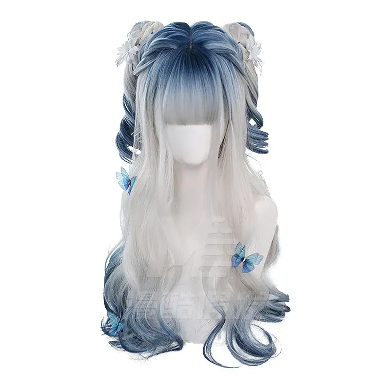Daily Lolita Simulation Hair Wig Harajuku Soft Girl Lola Wig Japanese Style Highlight Ombre Blue Silver Hair Accessories