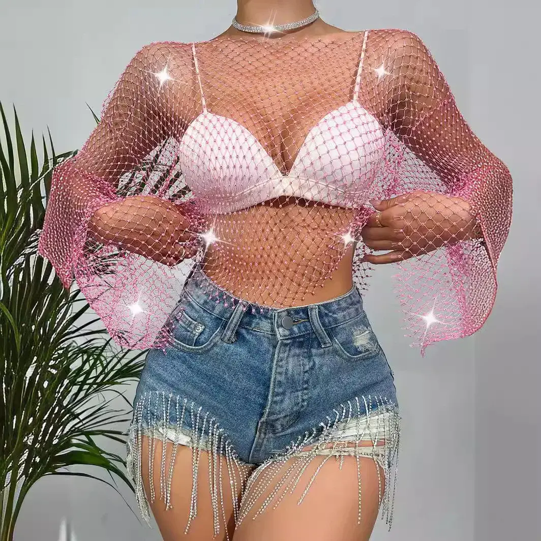 2024 Hot Selling INS Amazon Summer Mesh Sequin Women's Clothing T-Shirt Flare Sleeve Top From China Large Quantity