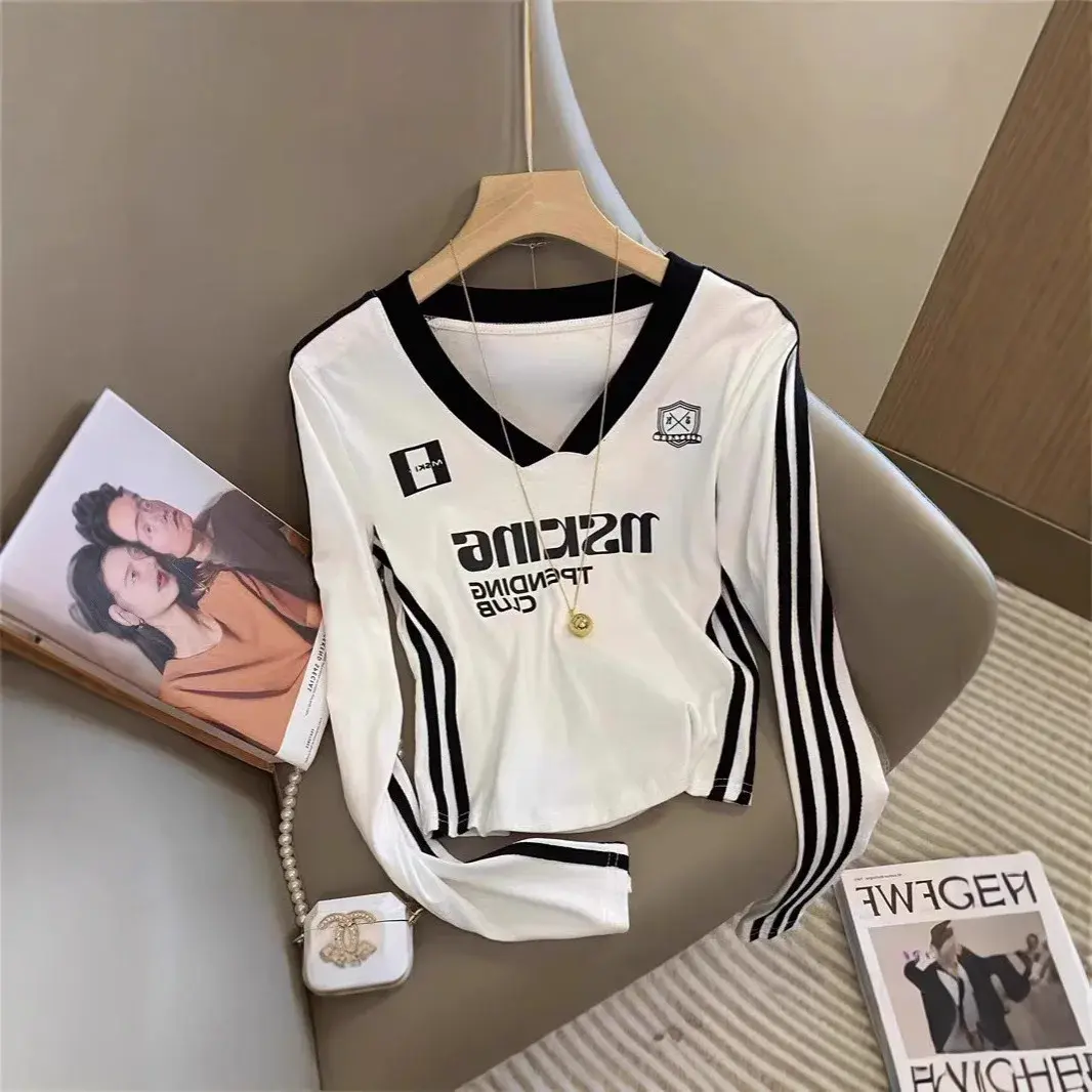 Spicy Girl Patchwork Stripes Long Sleeve T-Shirt Women's V-neck Letter Print Design Slim Fit Base Shirt V-neck Top