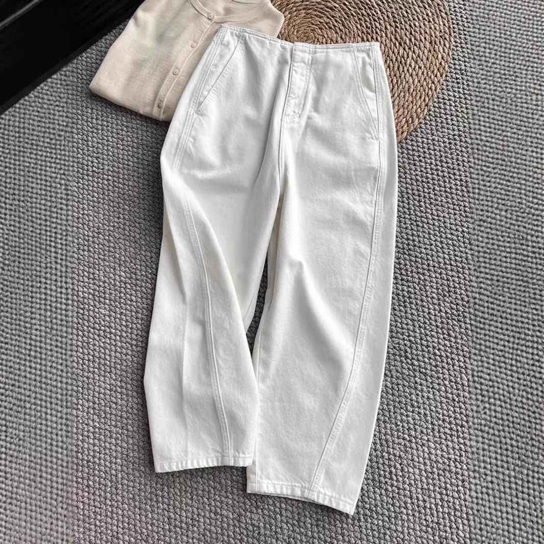 Autumn Winter New Style Scythe White Denim Pants Women's Cocoon High Waist Slimming Nine Points Long Pants Female Fashion