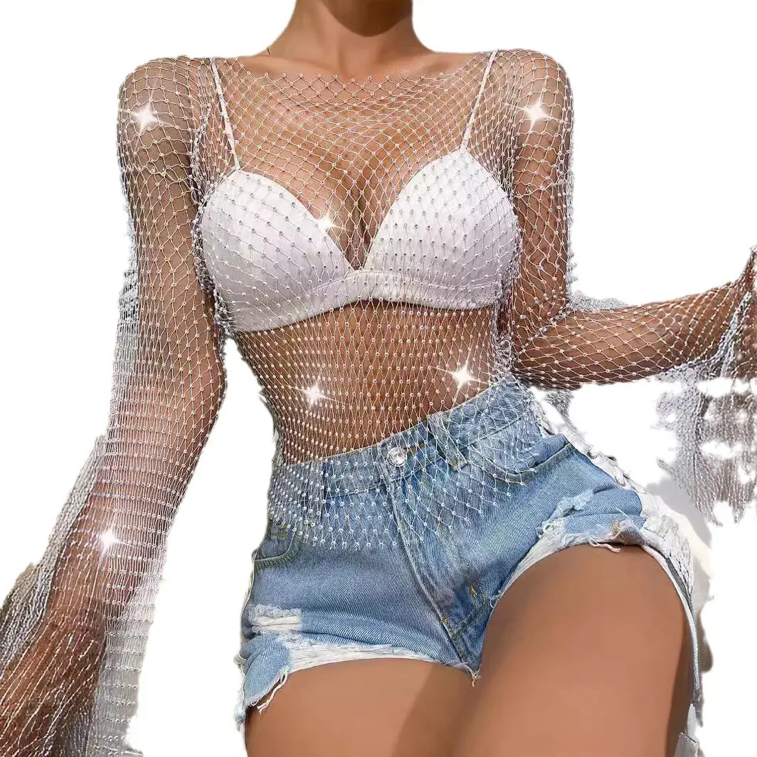 2024 Hot Selling INS Amazon Summer Mesh Sequin Women's Clothing T-Shirt Flare Sleeve Top From China Large Quantity