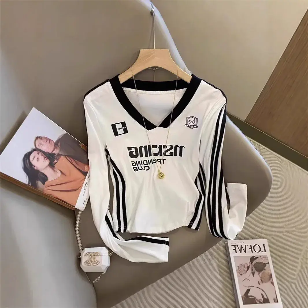 Spicy Girl Patchwork Stripes Long Sleeve T-Shirt Women's V-neck Letter Print Design Slim Fit Base Shirt V-neck Top