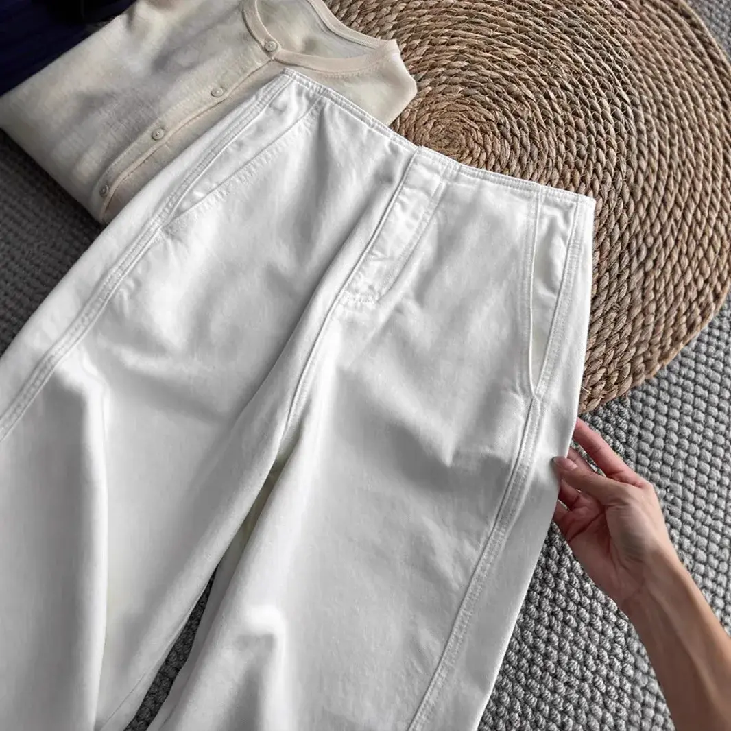 Autumn Winter New Style Scythe White Denim Pants Women's Cocoon High Waist Slimming Nine Points Long Pants Female Fashion
