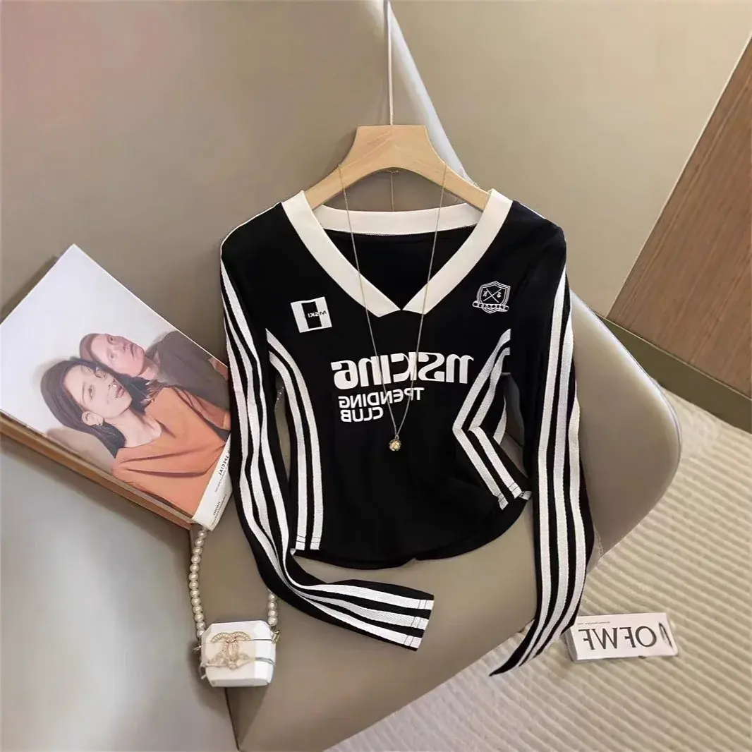 Spicy Girl Patchwork Stripes Long Sleeve T-Shirt Women's V-neck Letter Print Design Slim Fit Base Shirt V-neck Top
