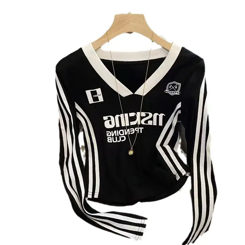 Spicy Girl Patchwork Stripes Long Sleeve T-Shirt Women's V-neck Letter Print Design Slim Fit Base Shirt V-neck Top