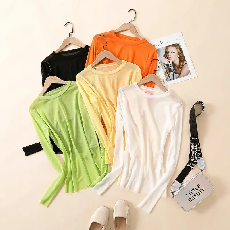 2020 Summer Candy Colored Ice Silk Base Layer Long Sleeve Women's Sun Protection T-Shirt Inner Solid Color Thin Style