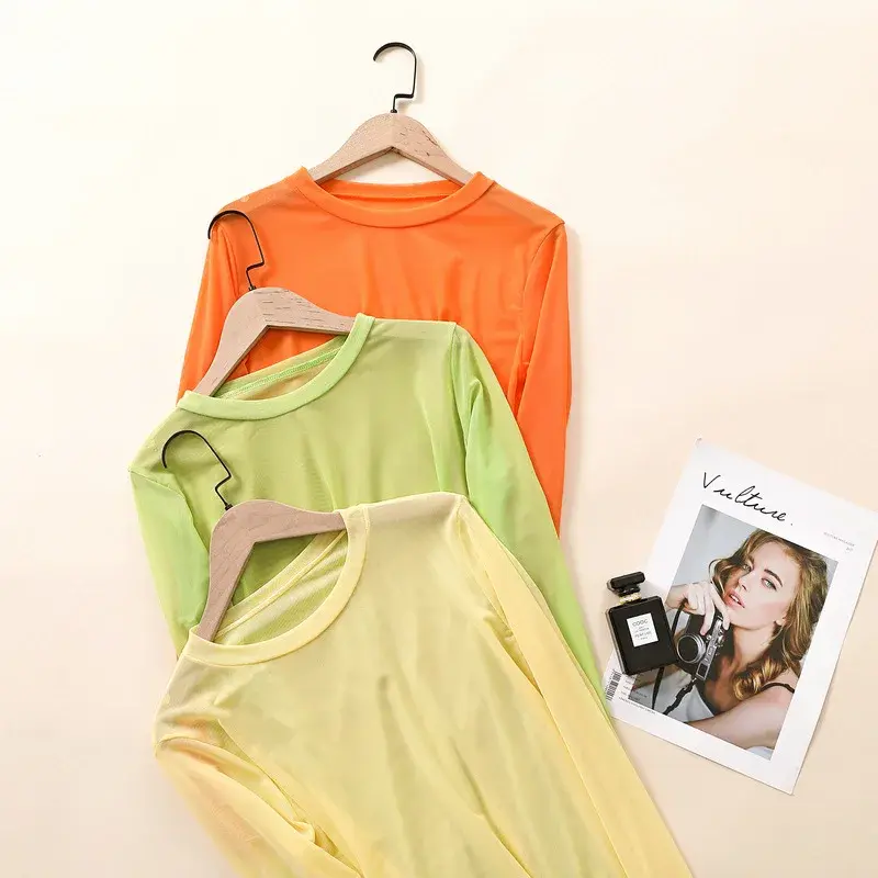 2020 Summer Candy Colored Ice Silk Base Layer Long Sleeve Women's Sun Protection T-Shirt Inner Solid Color Thin Style