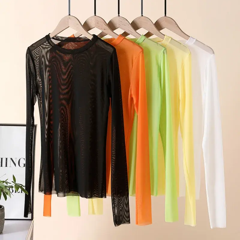 2020 Summer Candy Colored Ice Silk Base Layer Long Sleeve Women's Sun Protection T-Shirt Inner Solid Color Thin Style