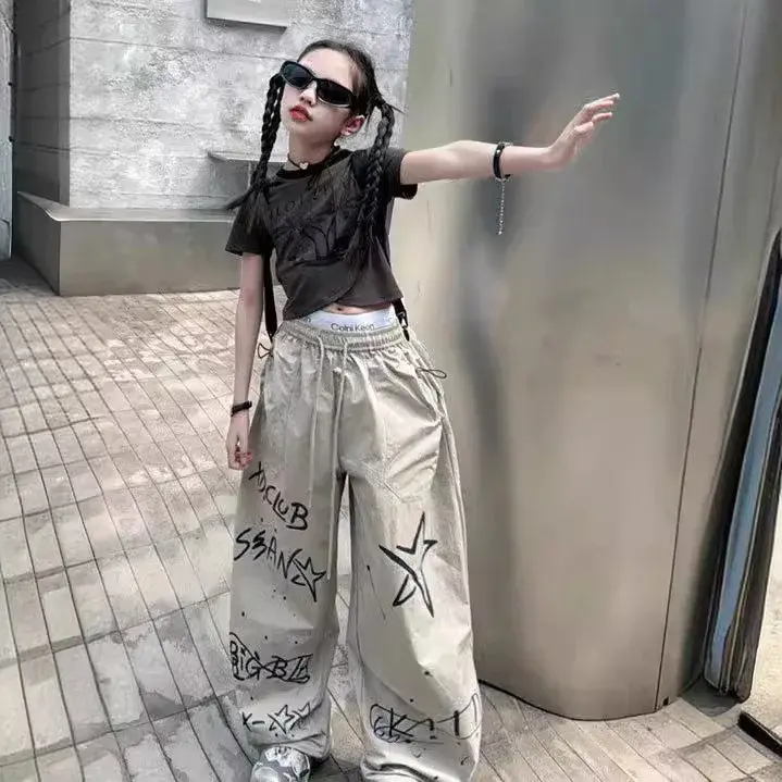 Casual Kids Pants 2024 Summer New Style American Street Hip Hop Graffiti Sports Trendy Versatile Long Pants For Girls