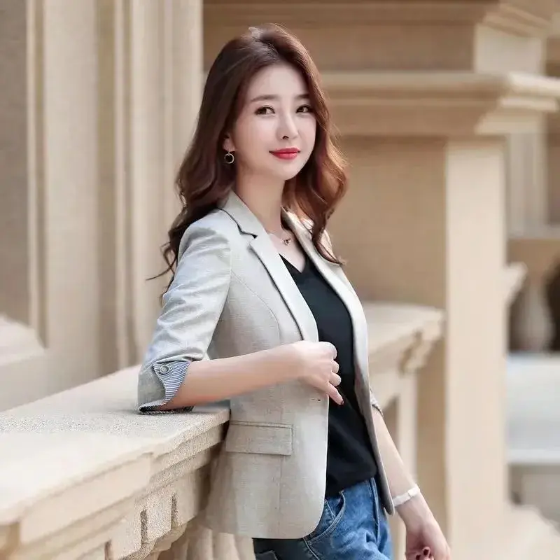 Slim Fit Women's Suit Set Summer Fashion Korean Version Sleeve Thin Professional Clothes Elegant Lady Style Cotton Material