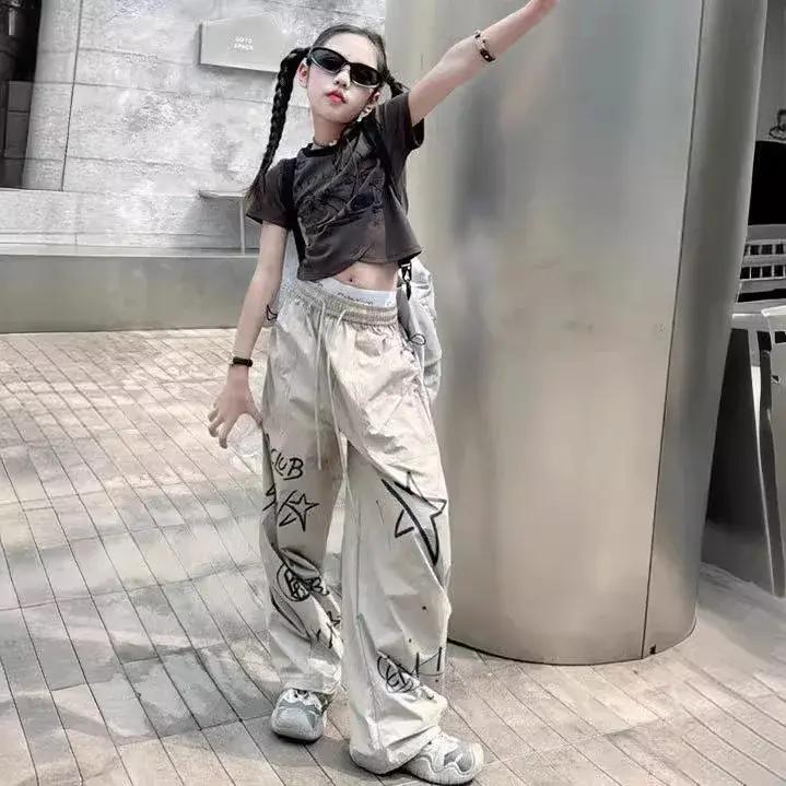 Casual Kids Pants 2024 Summer New Style American Street Hip Hop Graffiti Sports Trendy Versatile Long Pants For Girls