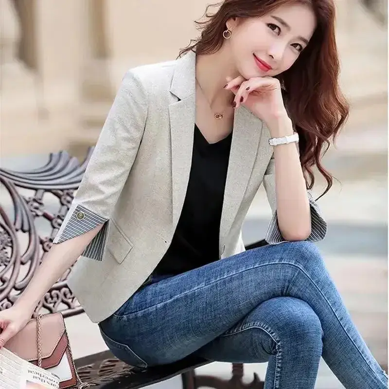 Slim Fit Women's Suit Set Summer Fashion Korean Version Sleeve Thin Professional Clothes Elegant Lady Style Cotton Material