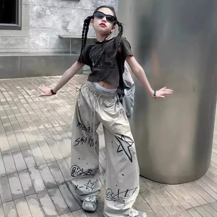 Casual Kids Pants 2024 Summer New Style American Street Hip Hop Graffiti Sports Trendy Versatile Long Pants For Girls