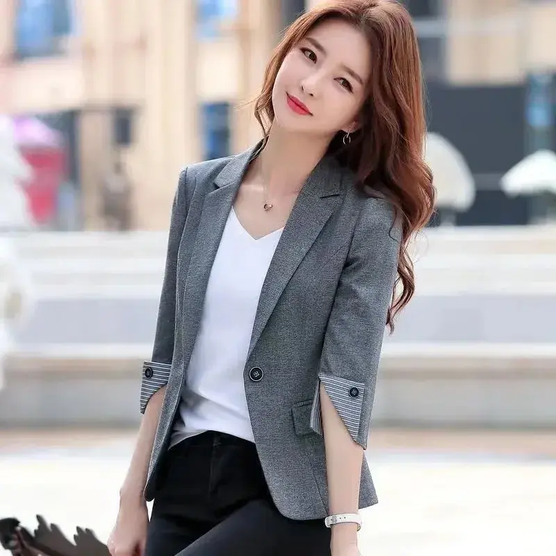 Slim Fit Women's Suit Set Summer Fashion Korean Version Sleeve Thin Professional Clothes Elegant Lady Style Cotton Material