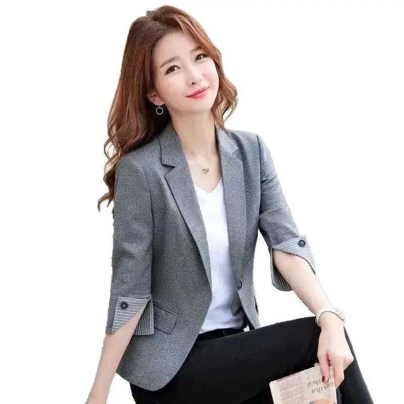 Slim Fit Women's Suit Set Summer Fashion Korean Version Sleeve Thin Professional Clothes Elegant Lady Style Cotton Material