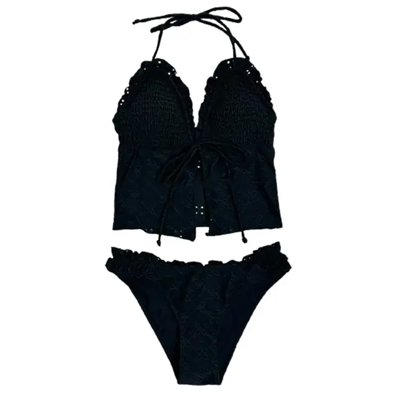 Sexy Black Bikini Set Beach Tie Waist Strap Design Separate Swimsuit for Beach Vacation Women's Swimwear High Waist Tie