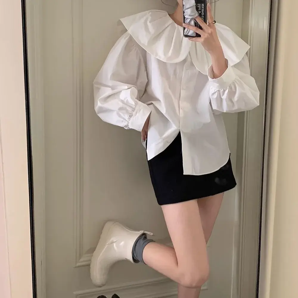 NicheVintageStylish Age-Reducing Doll Neck Shirt Women's Long Sleeve Cotton Linen Blouse Korean Style Spring 2024 New Arrival