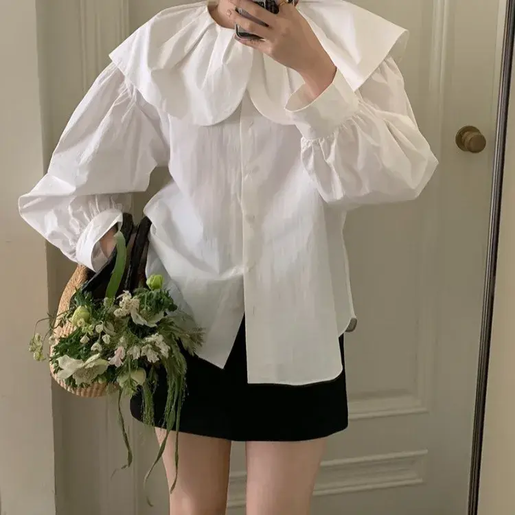 NicheVintageStylish Age-Reducing Doll Neck Shirt Women's Long Sleeve Cotton Linen Blouse Korean Style Spring 2024 New Arrival