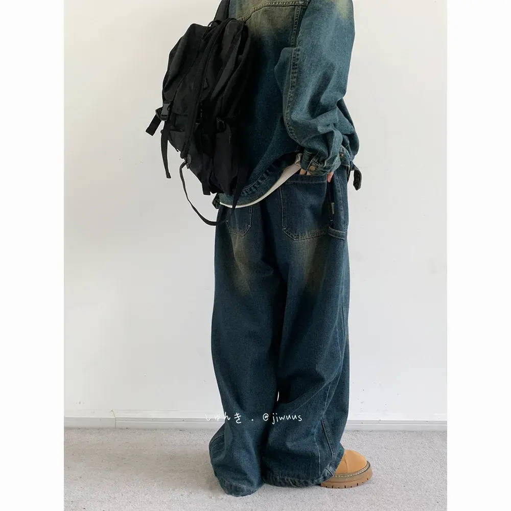 Japanese Vintage Loose-Fit Distressed Denim Trousers For Men And Women Plus Size Couple Pants Blue Color Workwear Versatile