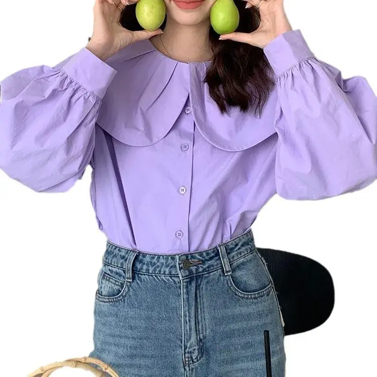 NicheVintageStylish Age-Reducing Doll Neck Shirt Women's Long Sleeve Cotton Linen Blouse Korean Style Spring 2024 New Arrival