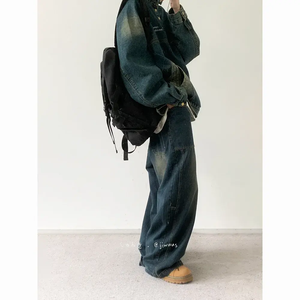 Japanese Vintage Loose-Fit Distressed Denim Trousers For Men And Women Plus Size Couple Pants Blue Color Workwear Versatile
