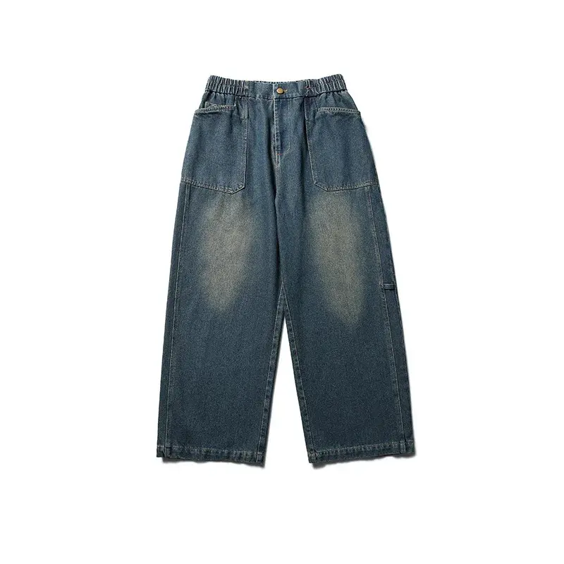 Japanese Vintage Loose-Fit Distressed Denim Trousers For Men And Women Plus Size Couple Pants Blue Color Workwear Versatile