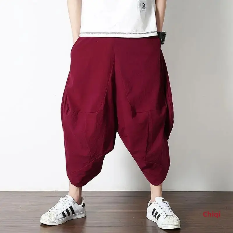 Casual Linen Pants For Men Chinese Style Loose Fit Bloomers Summer Trendy Vintage Low Waist Wide Leg Pants