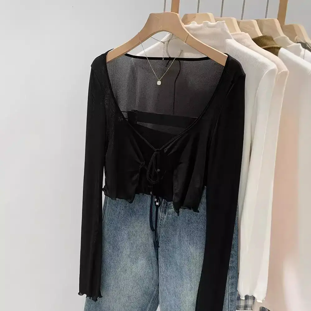 Chiffon Lace-Up Shoulder Air Conditioning Cool Sensation Spring Summer Anti-Aging Personality Sunscreen Open Cardigan Women's To