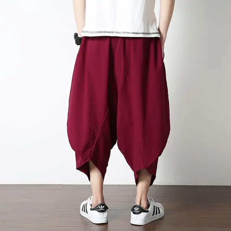 Casual Linen Pants For Men Chinese Style Loose Fit Bloomers Summer Trendy Vintage Low Waist Wide Leg Pants