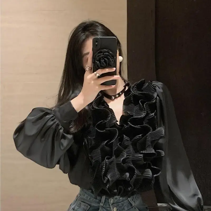 Design Sensibility V-Neck Wood Ear Collar Women's Autumn/Winter French Style Cropped Inner Top T-Shirt From China Mainland