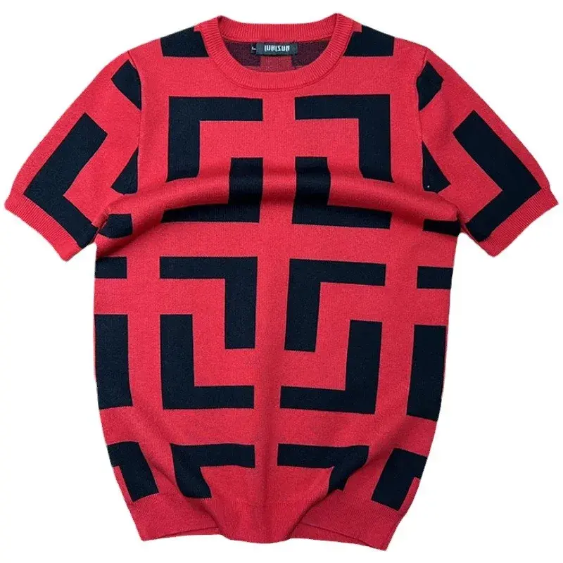Spring Autumn Men's Slim Fit Geometric Base Layer T-Shirt Casual Trendy Short Sleeves Knit Top Summer Wear T-Shirt For Men