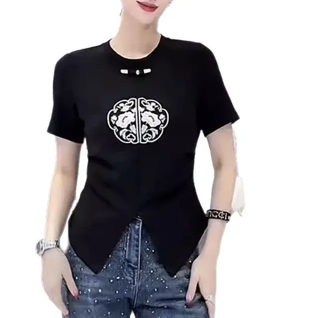 Slimming Short Sleeve T-Shirt Women's round Neck Embroidered Slit Chinese Style New Summer Fashion Polyester Fiber Top