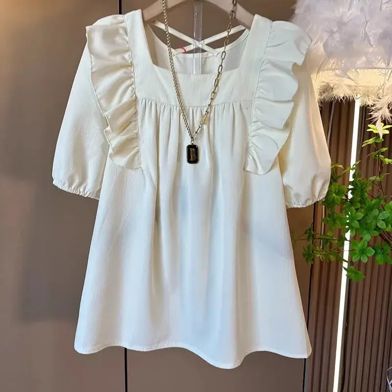 Sweet Style Casual Women's Fashion plus Size Top Square Collar Back Crossed Strap Elastic Bubble Sleeve Loose Fit Versatile Shir