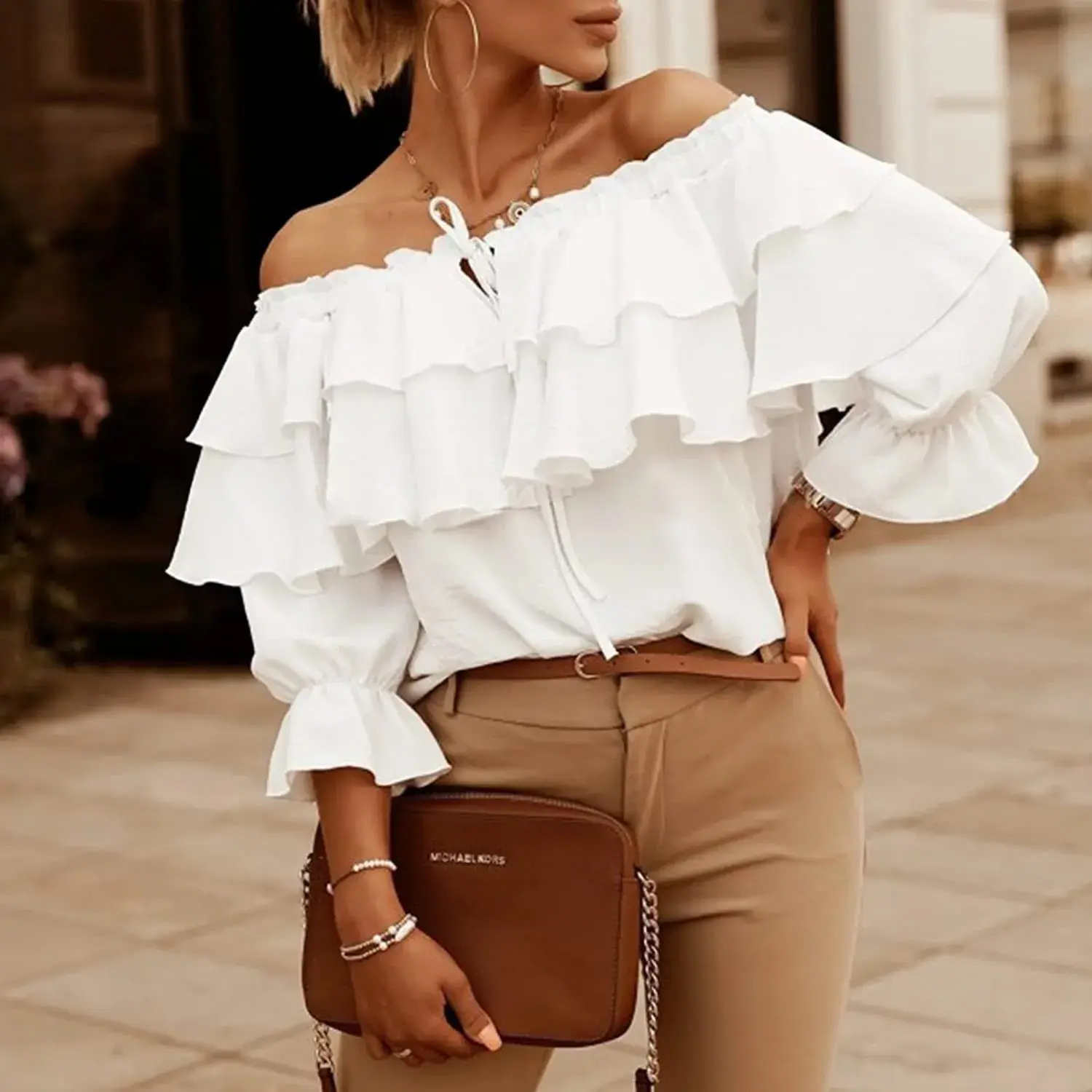 Summer Hot Sale Of The Season Casual Long Sleeve Drawstring Shoulder Bridesmaid Women's Top Polyester Nylon Fabric Ear Mushroom
