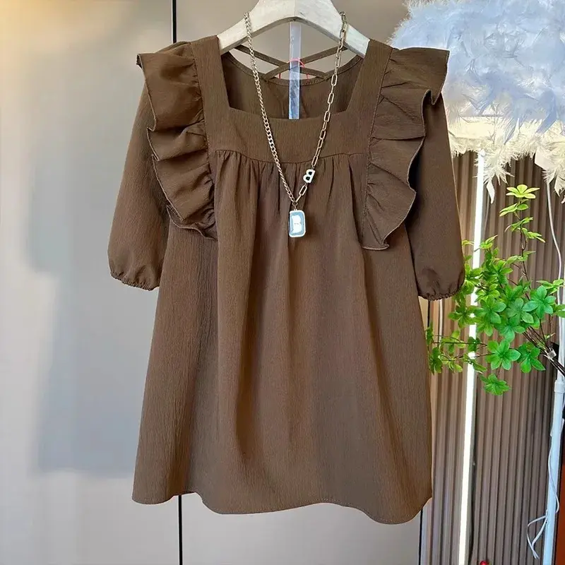 Sweet Style Casual Women's Fashion plus Size Top Square Collar Back Crossed Strap Elastic Bubble Sleeve Loose Fit Versatile Shir
