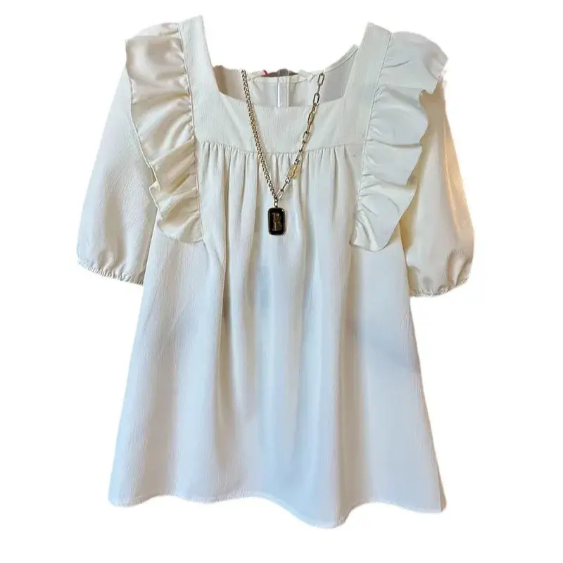 Sweet Style Casual Women's Fashion plus Size Top Square Collar Back Crossed Strap Elastic Bubble Sleeve Loose Fit Versatile Shir