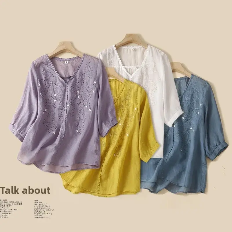 V-Neck Five-Sleeve Embroidered Cotton Linen Shirt Women's Summer New Thin Loose Beautiful Small Shirt Fashionable Top