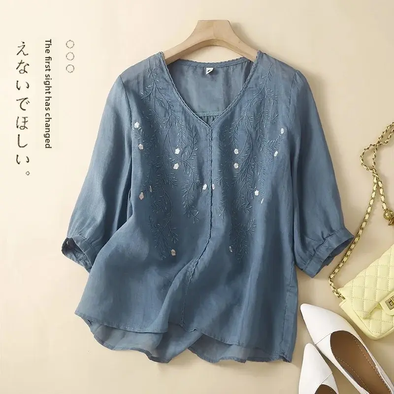 V-Neck Five-Sleeve Embroidered Cotton Linen Shirt Women's Summer New Thin Loose Beautiful Small Shirt Fashionable Top
