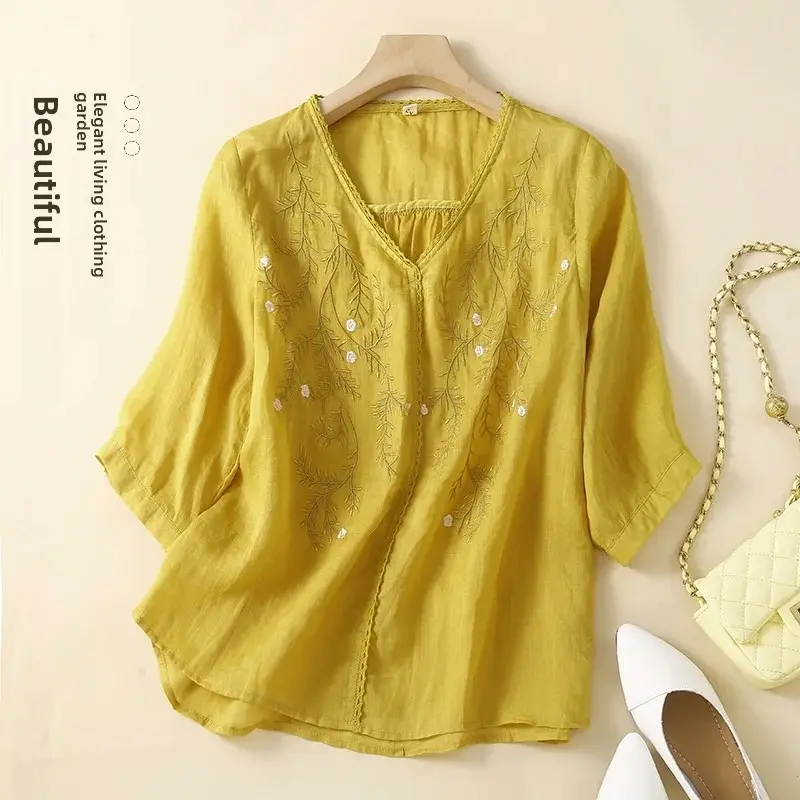 V-Neck Five-Sleeve Embroidered Cotton Linen Shirt Women's Summer New Thin Loose Beautiful Small Shirt Fashionable Top