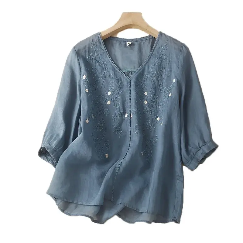 V-Neck Five-Sleeve Embroidered Cotton Linen Shirt Women's Summer New Thin Loose Beautiful Small Shirt Fashionable Top