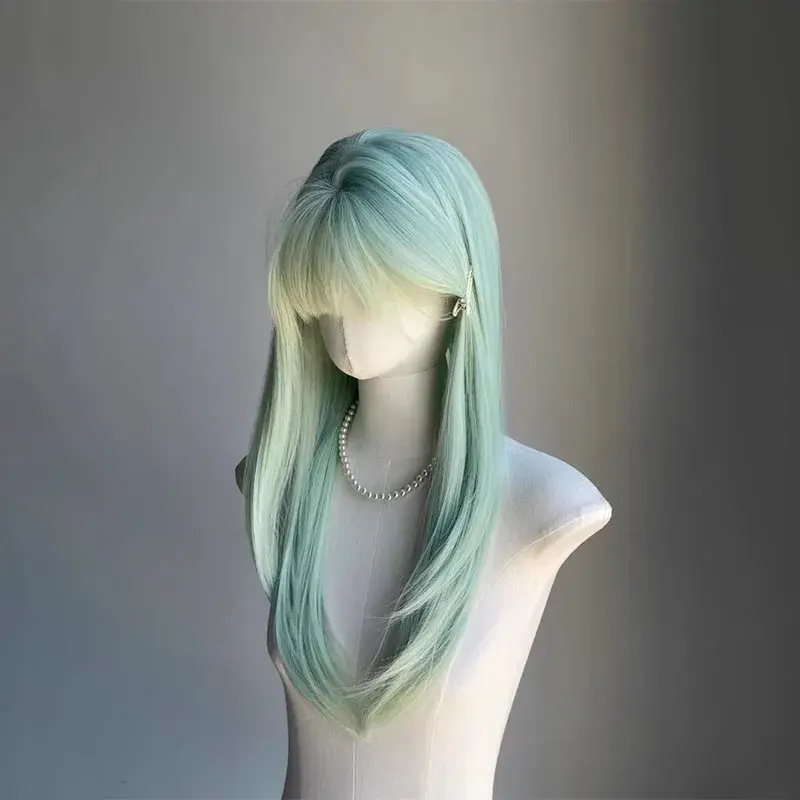 Mint Wave Summer Thin Green Long Straight Hair Full Head Wig Women Universal Loli Wig White Enhancing Anime Real Show Mechanism 
