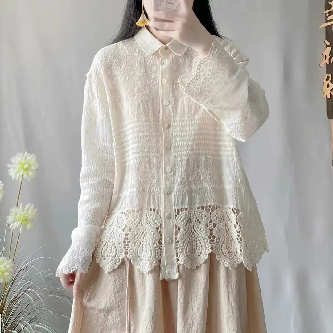 Elegant Long Sleeve Loose Collar Single Button Cotton Embroidered Lace Patchwork Shirt Top for Women Spring Autumn Fashion