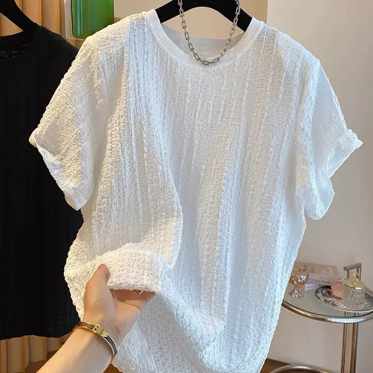 Extra Large Size 300 Pounds Texture Folded T-Shirt Women Short Sleeve Loose Top Summer 2025 Polyester Fiber Crew Neck