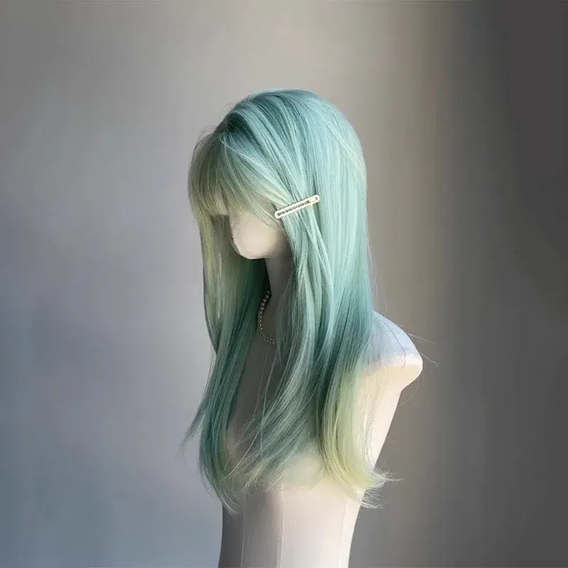 Mint Wave Summer Thin Green Long Straight Hair Full Head Wig Women Universal Loli Wig White Enhancing Anime Real Show Mechanism 