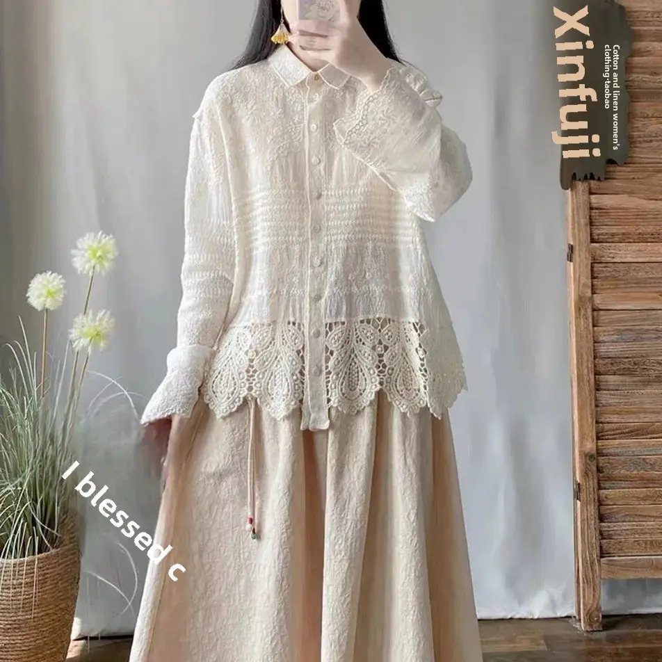 Elegant Long Sleeve Loose Collar Single Button Cotton Embroidered Lace Patchwork Shirt Top for Women Spring Autumn Fashion
