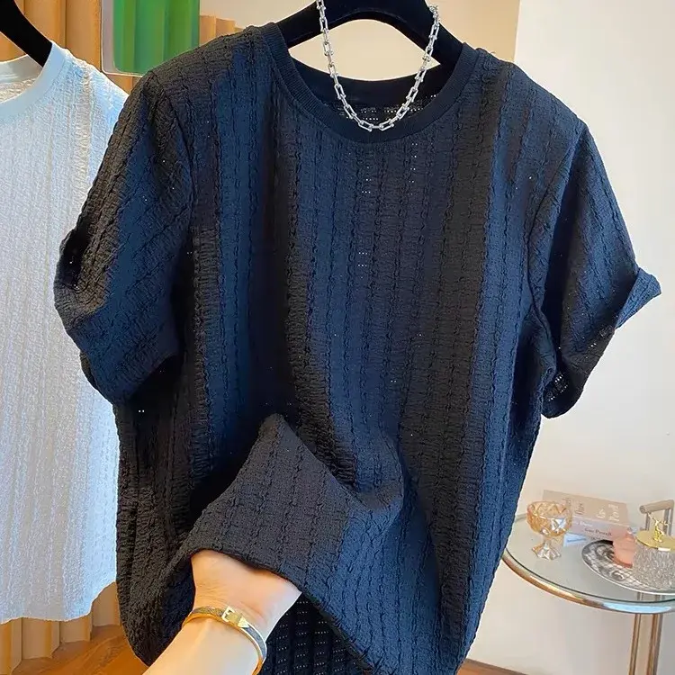 Extra Large Size 300 Pounds Texture Folded T-Shirt Women Short Sleeve Loose Top Summer 2025 Polyester Fiber Crew Neck