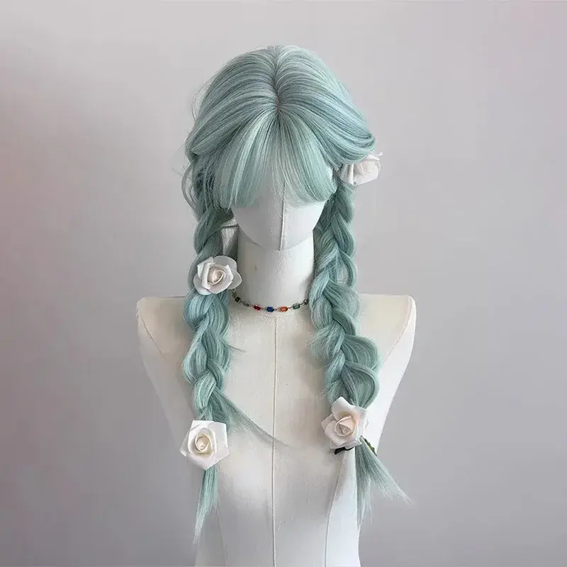 Mint Wave Summer Thin Green Long Straight Hair Full Head Wig Women Universal Loli Wig White Enhancing Anime Real Show Mechanism 