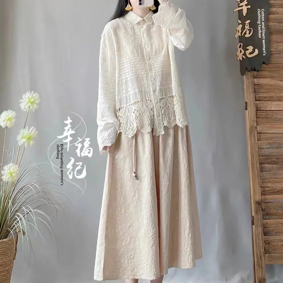 Elegant Long Sleeve Loose Collar Single Button Cotton Embroidered Lace Patchwork Shirt Top for Women Spring Autumn Fashion